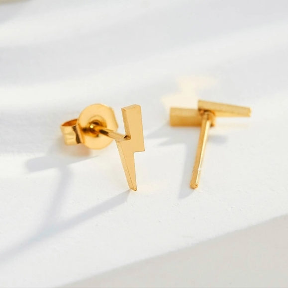 New 18K Gold Plated on Stainless Steel Lightning Stud Earrings - Picture 5 of 6
